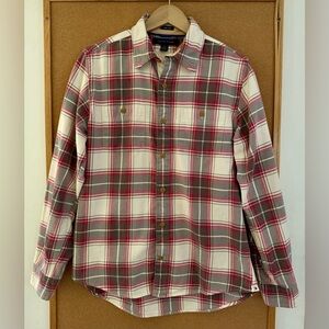 🌺$5 TOMMY HILFIGER Beige & Gray Plaid Slim Fit Flannel Dress Shirt Sz S